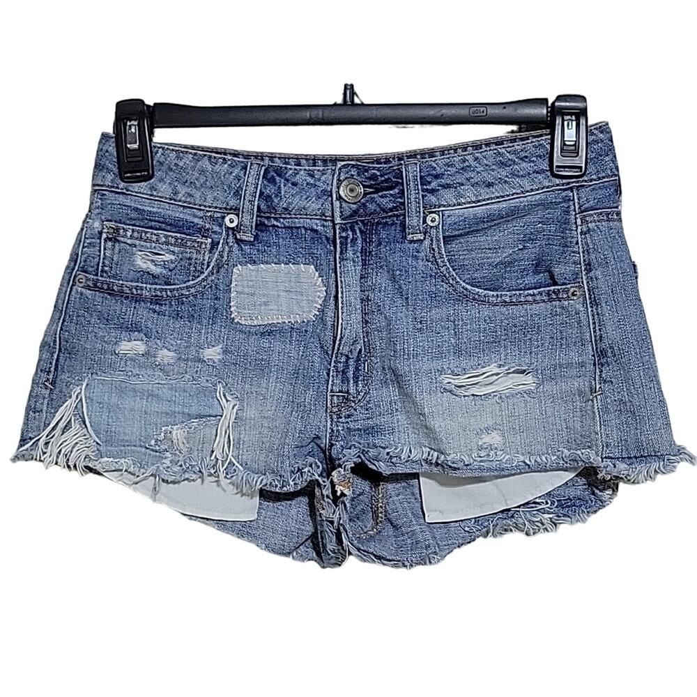 American Eagle Hi-Rise Shortie Patch Distressed Jean Shorts Womens Size 6